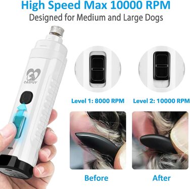 Електричний точило для собачих кігтів Casfuy з 2 LED-лампами - 4.8V, 2 швидкості, для середніх собак, тихе, перезаряджуване