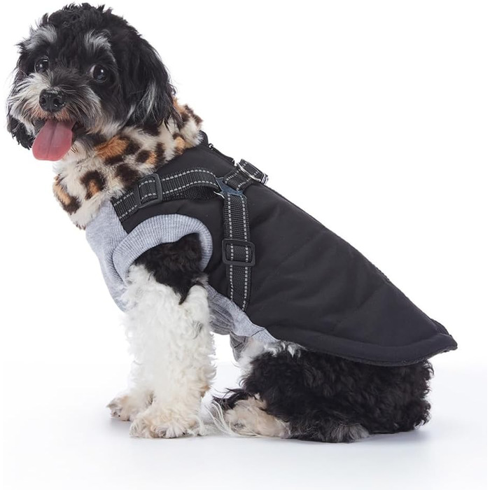 Зимова куртка для собак з інтегрованим шлейкою, водо- та вітронепроникна, теплий одяг для цуценят та собак середніх розмірів для активного відпочинку (ЧОРНИЙ, XXL)
