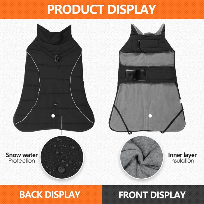 Зимова куртка для собак середніх та великих порід: тепла флісова жилетка, водонепроникна, з D-початком, шнурком та 2 еластичними стрічками, чорного кольору, розмір L