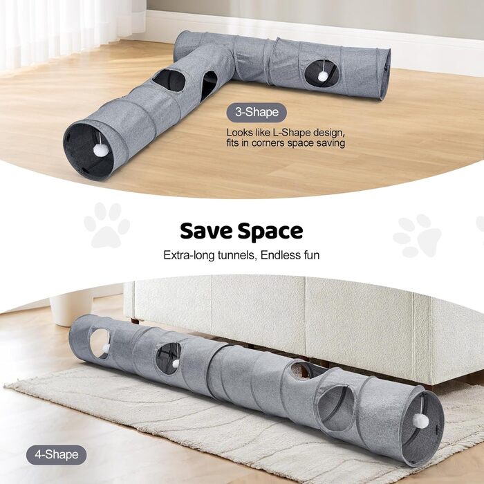 Туннель для котів Odoland з льону, складаний, з м'ячиком. Іграшка для котів, цуценят та дрібних тварин. Сірий колір