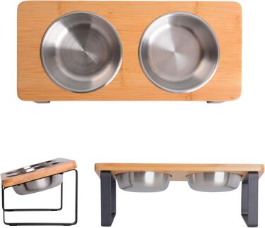 Підвищена годівниця для котів, ергономічна миска для котів, годівниця з кераміки та дерева, піднята годівниця для котів та маленьких собак (бамбук - нержавіюча сталь)