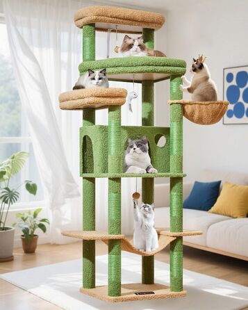 Когтеточка для котів Taoqimiao 180 см XXL, великий котячий комплекс для Maine Coon з будиночком, гамаком, великою платформою, 9 стійок для дряпання, кошиком, зелений