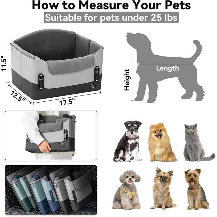 Автокрісло для собак - сіре, для маленьких собак, з кріпленням на ремінь, складне, для заднього або переднього сидіння