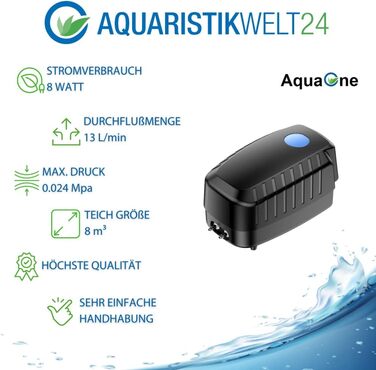 AquaOne повітряний насос CAP-20, 8 Вт, набір для аерації ставків до 8 м³, енергоощадний компресор з розпилювачем і шлангом