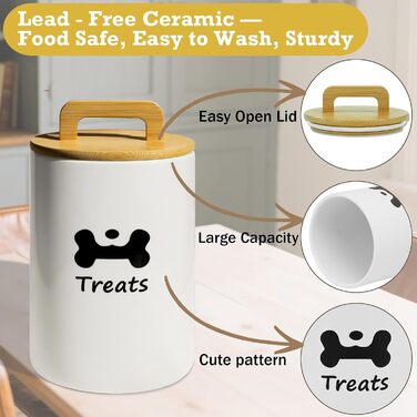 Керамiчний контейнер для собачих ласощів - велика банка з кришкою для кухні, білий, 7.7'x5'