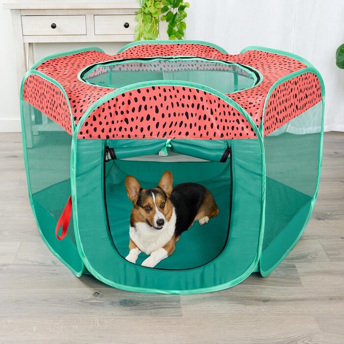 Furhaven Складаний вольєр для собак та котів, переносний загон з блискавкою, L (зелений/рожевий, великий)