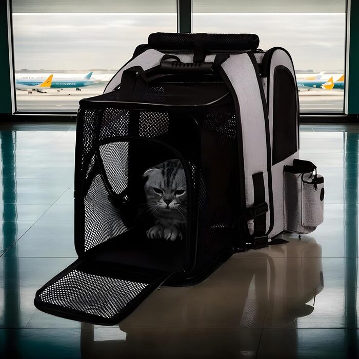 Транспортна сумка для котів, рюкзак для собак, переноска для тварин, дихаюча, розширювана, складна, для подорожей, прогулянок, сірого кольору (з чорною основою)