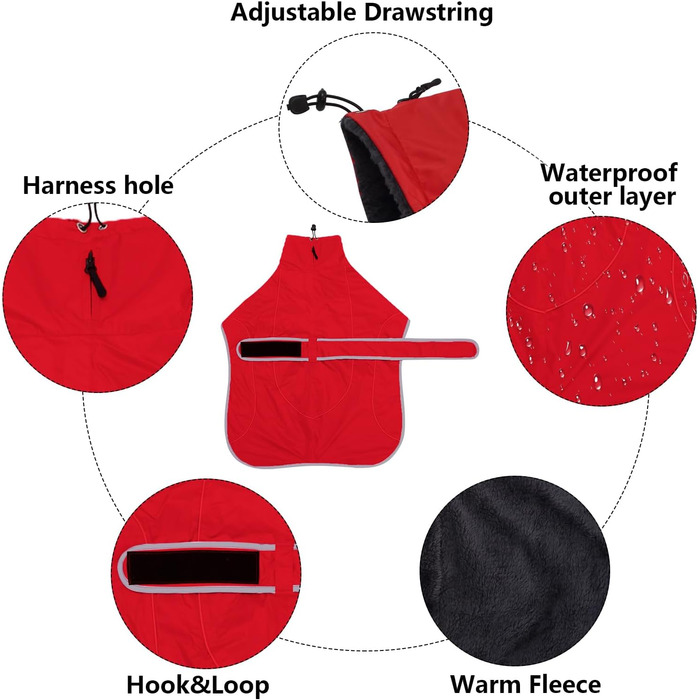 MOREZI Зимовий теплий одяг для собак, куртка для Віппетів з флісовою підкладкою, водонепроникна куртка для собак з регульованими ремінцями та світловідбиваючими елементами - Розмір L (довжина спини 61-64 см), Червоний