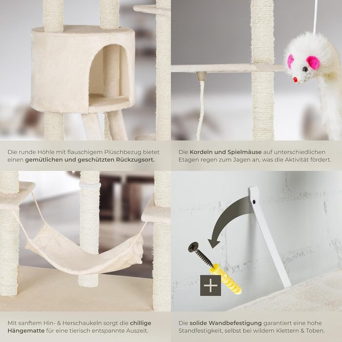 Дряпка для котів tectake Snooky | Ігровий центр з багатоярусною дряпкою та будиночком | Платформи для спостереження (Сірий, Бежевий)