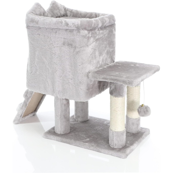 Дряпка для котів Fudajo 60 см з будиночком, платформами та ігровими елементами, покриття сизаль, сірий колір