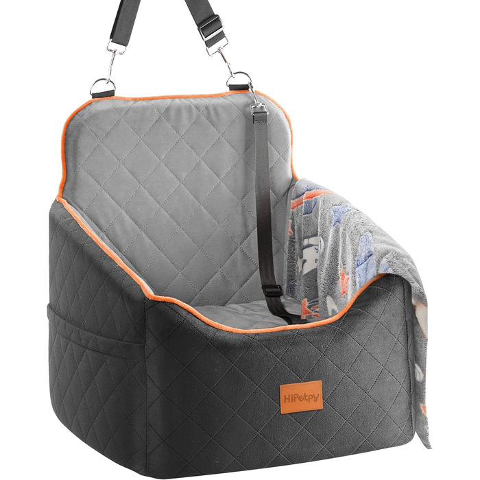 Автокрісло для собак HiPetpy – зручне автоліжко з підстилкою та подушкою для собак до 14 кг, з безпечним ременем, неслизьке автоліжко з кишенями для зберігання (сірий)