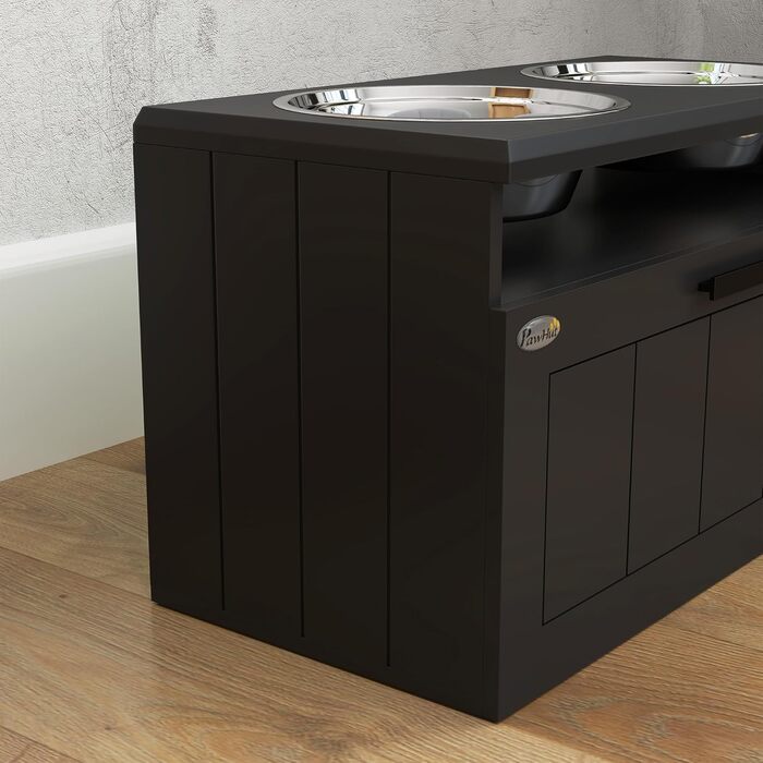 Станція годування для собак PawHut з піднятою мискою, повільною годівницею та 2 мисками з нержавіючої сталі, ящик для зберігання 25л, для великих та екстра-великих собак, білий (чорний)