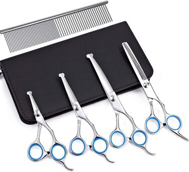 Набір професійних ножиць для собак з безпечними округлими кінчиками, нержавіюча сталь. Ножиці для грумінгу та догляду за шерстю собак та котів. Синій колір.