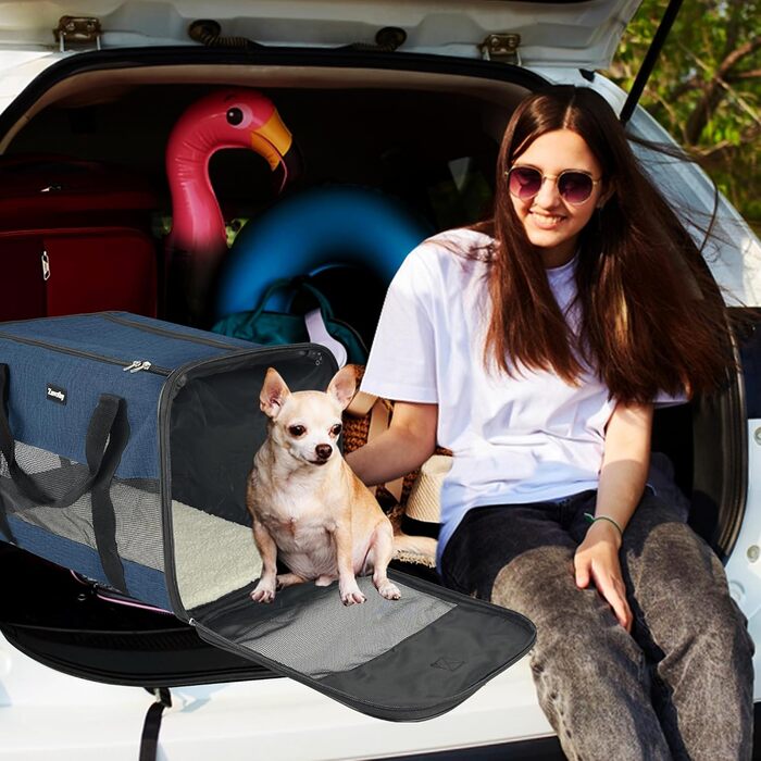 Транспортна сумка для котів та собак, дихаюча та складна, транспортна переноска для котів з регульованим плечовим ременем, знімна плюшева підстилка (Темно-синій, L)