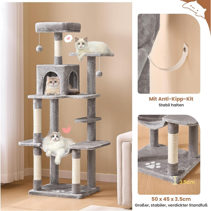 Кігтеточка для котів MSmask велика, багатоярусна з платформами, гамаком та сизалевими стовпчиками (сірий)