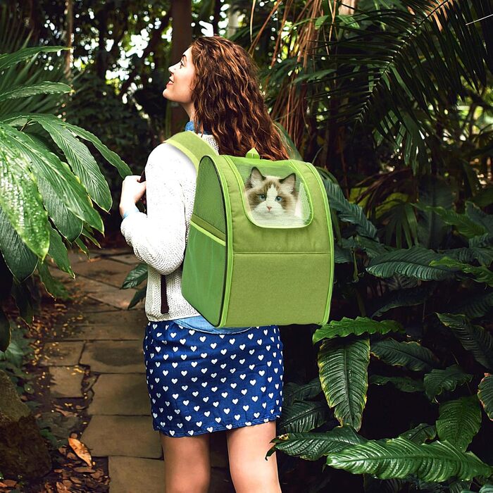 Рюкзак-переноска для кота/собаки PETCUTE: зручна та легка переноска для маленьких тварин. Зелений колір. Знімний килимок з флісу для прогулянок на природі.