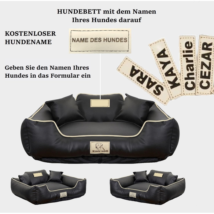 Крісло-ліжко для собак середніх порід King Dog: миється, з еко-шкіри, 75x65 см, з можливістю персоналізації імені, водонепроникне, з силіконовою начинкою, чорне