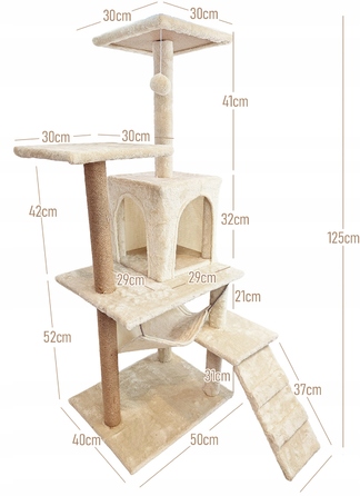 Високий ігровий комплекс для котів Mersjo: дряпалка, будиночок та лежанка, 6 рівнів, 125 см
