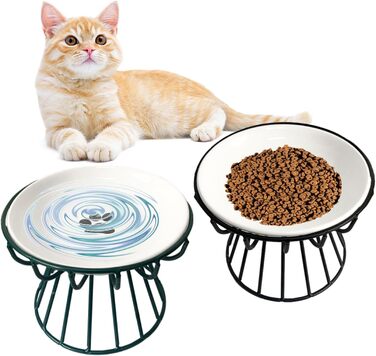 Керамічні годівниці для котів з металевим підставкою, підняті миски для кошенят та води, підняті миски для котів, плоскі миски для домашніх котів, цуценят, маленьких собак, 2 шт. 【2 шт. чорний + зелений】