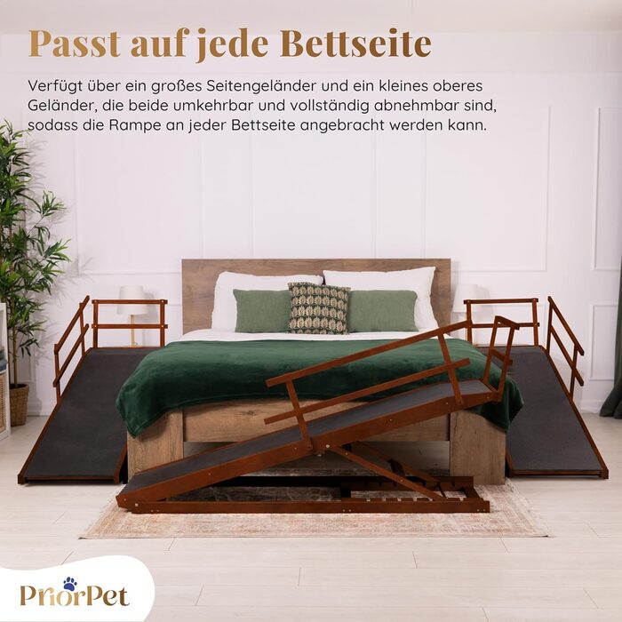 Східці для собак до ліжка з поручнями - для великих собак до 90 кг - регульована висота до 94.5 см - ширина 49,5 см - складані - антиковзні ручки - береза - натуральний колір (волоський горіх)