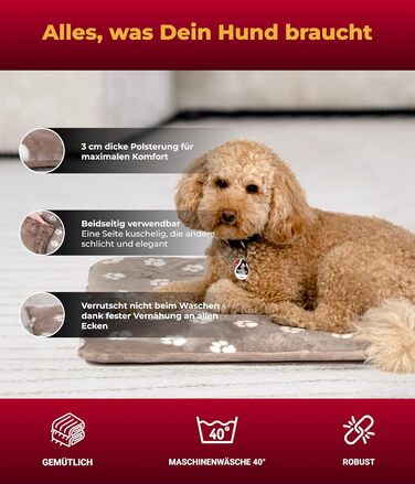 Лежак для собак HS-Hundebett® M 65x95 см, двосторонній, м'який, 3 см наповнювач, для дивану, авто та клітки, лапка, бежевий, вироблено в Німеччині