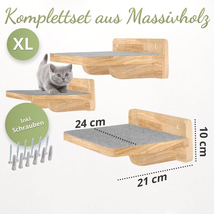 WOOWOOD® Драпалка для котів на стіну: Комплект з 3-х сходинок для лазіння | Комплекс для котів | Драбинка для котів | Настінна драпалка XL (Натуральний темний)