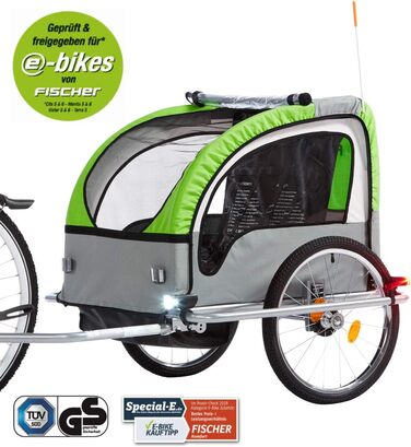 Дитячий велопричіп Fischer Komfort з підвіскою, сертифікований TüV/GS, зелений/антрацитовий, для 2 дітей