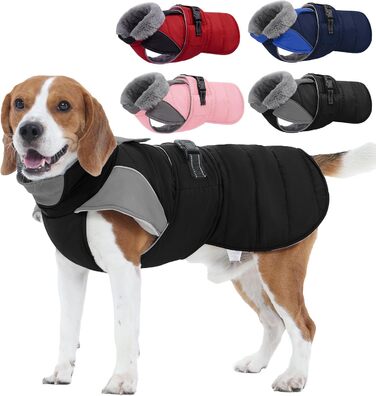 Зимовий теплий куртка для собак Nanaki з флісовою підкладкою, водонепроникний, світловідбиваючий, з отвором для повідка, пухнастий комір, середній розмір, для прогулянок на вулиці, полювання, простий у використанні, X-Large, чорний