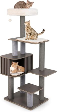 Дерев'яний кігтеточки для котів COSTWAY 151 см з платформами, печерею, кігтеточками та іграшками, сірий