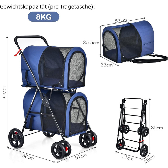 GYMAX Складаний візок для собак, буги для тварин з 2 знімними кишенями, візок для собак з передніми та задніми дверцятами, переноска для домашніх тварин з сітчастою тканиною та колесами з гальмами, переноска для собак та котів (Блакитний)