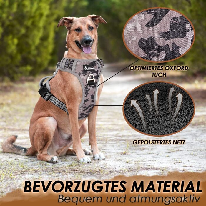 Шлейка для собак Eyein для великих собак, анти-тягу, з 2 карабінами та зручною ручкою, регульована та світловідбиваюча, з м'якою підкладкою, для щоденних тренувань (Tarngrau, XL), XL (55-83см, 50-94см) Tarngrau