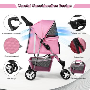 Візок для собак Wedyvko, 15 кг, рожевий, легкий, компактний, з аксесуарами, EVA-колеса