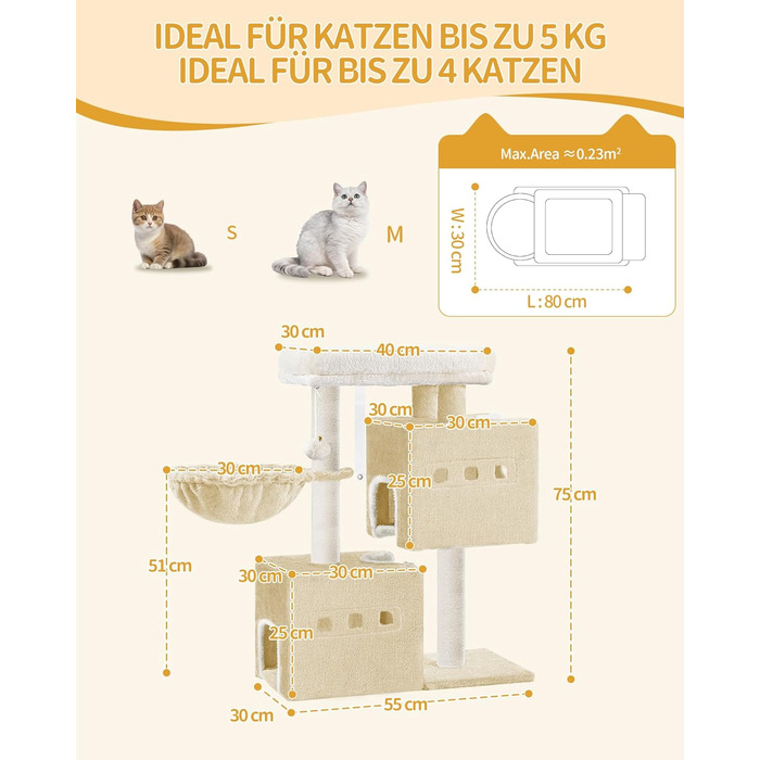 Дерево для кігтів Hzuaneri Kratzbaum 75 см, стійкий, з великою лежанкою, гrottoм, сизалевими стовпами, кошиком та іграшками, меблі для котів, MS07618LG (55 x 30 x 75 см, бежевий)