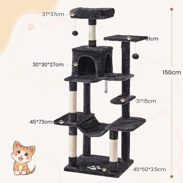 Кігтеточка для котів MSmask велика, багатоярусна з 2 будиночками, гамаком та сизалевими стовпчиками