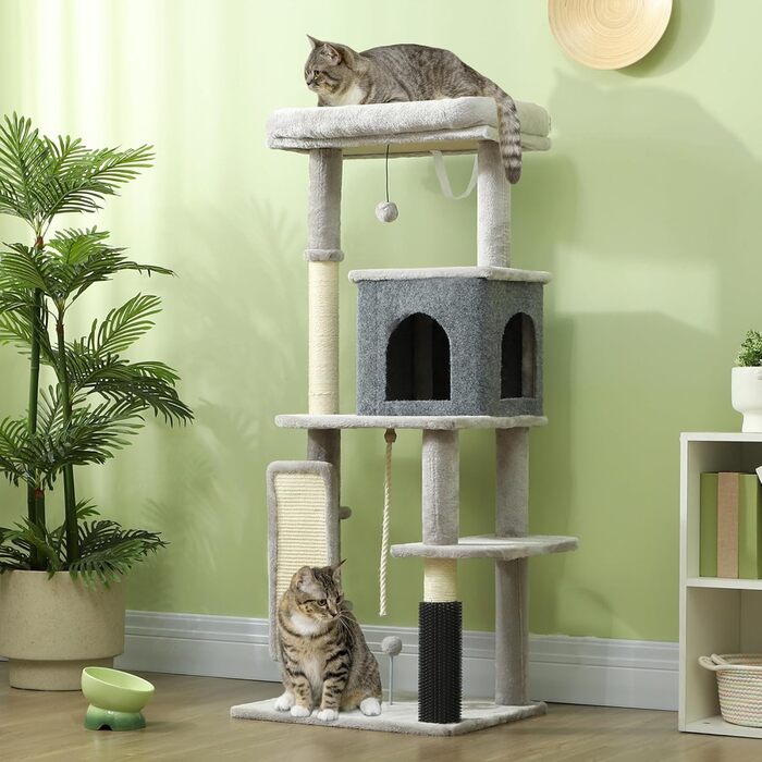 Когтеточка для котів PawHut 132 см з ігровою будкою, іграшковим м'ячем, сизалевими стовпчиками, для котів до 6 кг, світло-сіра