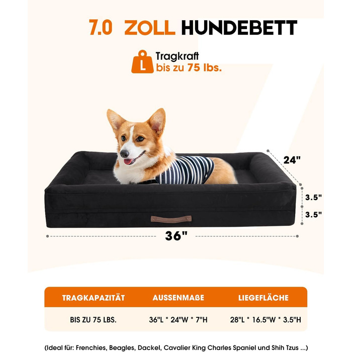 Ортопедичне ліжко для собак великих порід, кошик для собак, що можна прати, з піною у формі яйця, водовідштовхуваний диван для собак з неслизьким дном та чотиристороннім валиком (Чорний, 61x91x18 см)