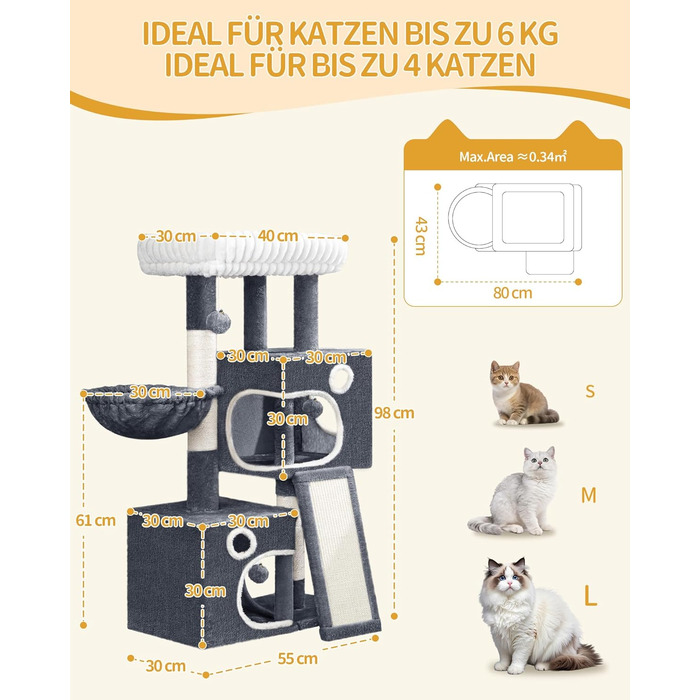 Дерево для котів Hzuaneri, 98 см: стійка конструкція, велика платформа, іграшкові м'ячики, печери, стовпчики для дряпання, дощечка для дряпання, темно-сірий MS10118SG