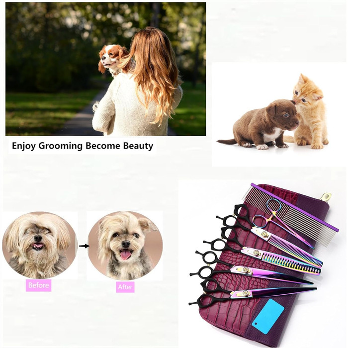 Набір ножиць для собак 7 в 1: прямі та вигнуті ножиці, ножиці для фінальної обрізки, ергономічні ручки. Ідеально для грумінгу та догляду за шерстю вашого улюбленця.