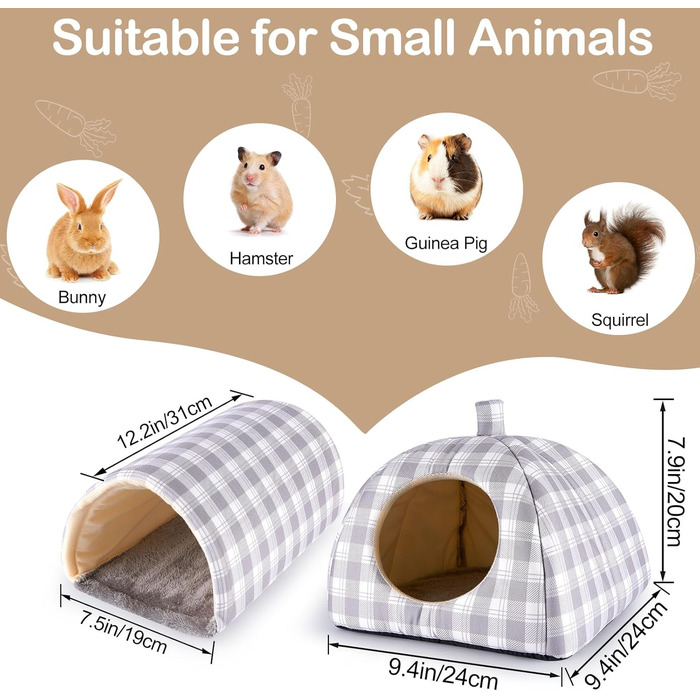 Будиночок та тунель для морських свинок Hedgeink – затишний дім та іграшки для кроликів, морських свинок, хоряків та інших дрібних тварин (Сірий в клітинку)