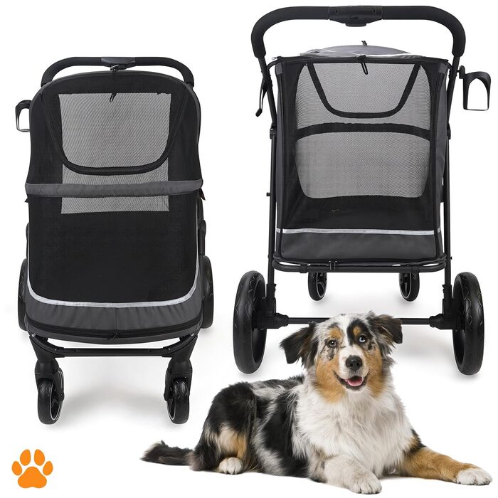 Hundebuggy MY DUQUE CHAMP XL – великий зручний візок для собак та котів, сірий, з дощем, тримачем для напоїв та місцем для зберігання, до 50 кг