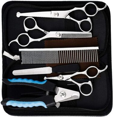 Набір для стрижки та грумінгу тварин: 8 предметів, професійна сталь, для собак та інших тварин. Містить випрямляючий ножик 15.2 см, фірмова срібна ножиця