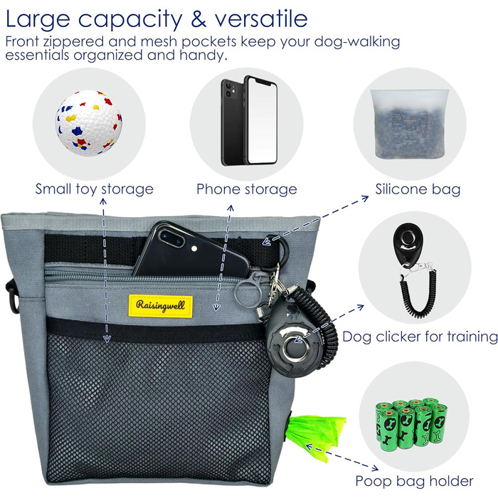 Сумка для ласощів для собак, багатофункціональна сумка для прогулянок з силіконовим кишеньком, мішок для корму для дресирування собак та дозатор ласощів, ідеальна для активного відпочинку на вулиці (Чорний 4 чашки) (6. Сірий 4 чашки)