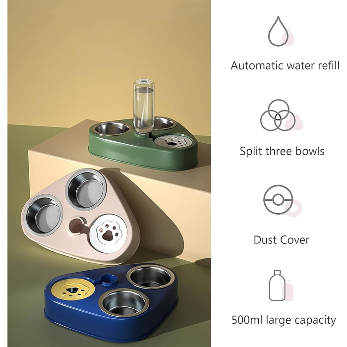 Миска для кота з нержавіючої сталі 3-в-1 з автоматичним дозатором води, подвійна миска для котів та собак (зелена)