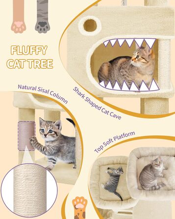 Драбина-кіготь для котів Hzuaneri, 159 см, 8 стовпчиків, 3 платформи, 2 печери, кошик, м'ячики, мотузка, підходить для котів різних розмірів, бежевий MS15918YL L (50 x 40 x 159 см)