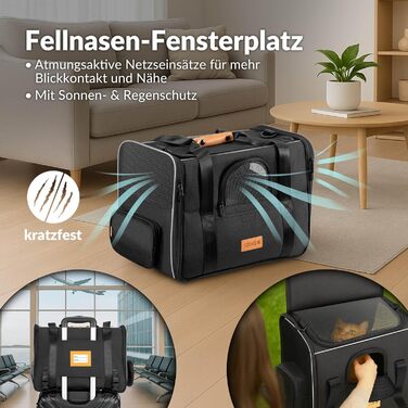 Транспортна переноска для котів CADOCA® до 20 кг, складна, з сонцезахисним дахом, ременем на плече, мискою, дихаюча, комфортна, з обертовим матрацом. Підходить для котів, собак, авто, чорного кольору.