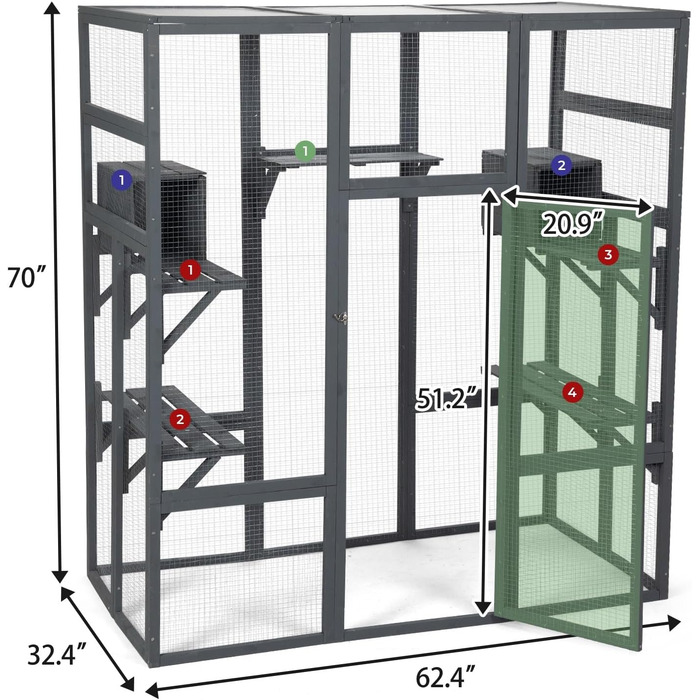 Великий дерев'яний кігтечка для котів COZIWOW з лежаками, печерами, ігровим комплексом та простором для бігу, для дому, з водонепроникним дахом, 7 платформ, 2 будиночки, стійкий до УФ-випромінювання, 167 см x 82 см, сірий, XL
