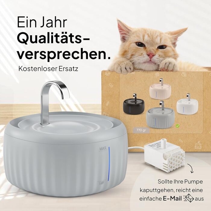 Автоматичний фонтан для котів PrettyPaw Aqua Flow Pro, 3 л, надтихий, BPA Free, з LED підсвіткою та вугільним фільтром, легкий у догляді, сірий