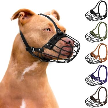 Дротяний намордник для собак Pitbull, дихаючий, металевий, для великих порід (Амстафф, Стаффордширський тер'єр), регульований, міцний, з шкіряними ременями, захист від укусу, жування та гавкання, чорний