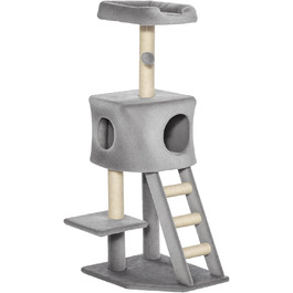 Кігтеточка PawHut 120 см для котів з будиночком, іграшкою, сизалевими стовпцями, платформою та сходами, багатоярусна, сірого кольору