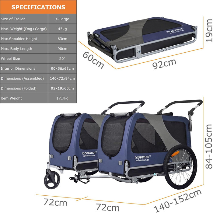 DOGGYHUT® Преміум XL 2 в 1: велосипесний причіп для собак та візок-перевертач, 23-45 кг, зелений лимон (блакитний)